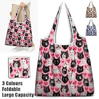 Women's Tote Shoulder Bag Hobo Bag Polyester Valentine's Day Shopping Daily Print Large Capacity Foldable Lightweight Cat Heart-shaped Yellow Pink Blue Lightinthebox - thumbnail
