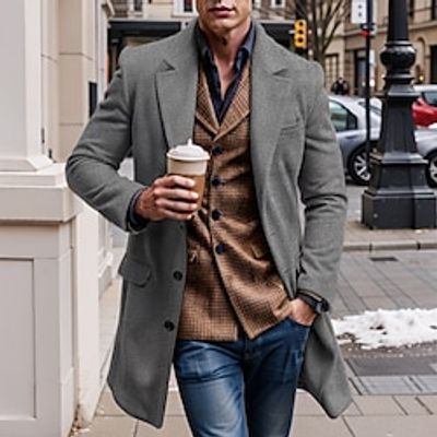 Men's Winter Coat Overcoat Trench Coat Outdoor Daily Wear Fall  Winter Polyester Thermal Warm Windproof Outerwear Clothing Apparel Fashion Streetwear Plain Pocket Lapel Single Breasted Lightinthebox