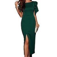 Women's Party Dress Sheath Dress Formal Dress Formal Cocktail Party Midi Dress Party Elegant Dress Crew Neck Short Sleeve Ruffle Split 2023 Regular Fit Green Pure Color S M L XL Lightinthebox - thumbnail