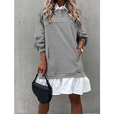 Women's Sweatshirt Dress Casual Dress Mini Dress Active Daily Vacation Going out Weekend Lapel Patchwork Pocket Color Block Regular Fit Green Gray XS S M L XL Lightinthebox