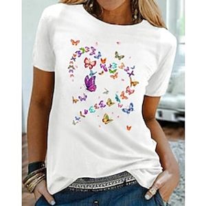 Women's T shirt Tee White Black Graphic Butterfly Print Short Sleeve Daily Valentine Basic Round Neck Regular Butterfly S  Heart Lightinthebox