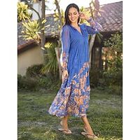 Women's Tropical Flowers Boho  Paisley  Damask Flower  Plants Puff Sleeve Button Front Flowy Boho Vacation Dress Beach Casual Daily Weekend vacation dresses Blue S M L Lightinthebox - thumbnail