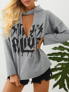 YOINS Grey Letter Cut Out Long Sleeves Hoodies