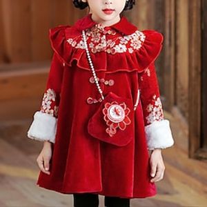 Toddler Girls' Party Dress Graphic Cheongsam Dress Dress Performance Crew Neck Long Sleeve Princess Dress 7-13 Years Spring Red Lightinthebox