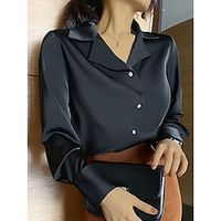 Women's Shirt Blouse Satin Plain Black White Button Long Sleeve Work Daily Business Mature Shirt Collar Regular Fit Spring   Fall Lightinthebox - thumbnail