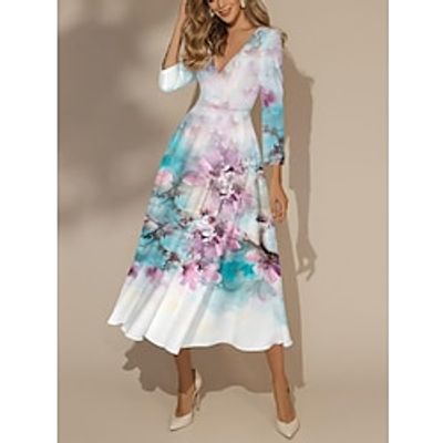 Women's Casual Dress Swing Dress A Line Dress Floral Print V Neck Midi Dress Fashion Streetwear Outdoor Daily 34 Length Sleeve Regular Fit Blue Fall Winter S M L XL XXL Lightinthebox