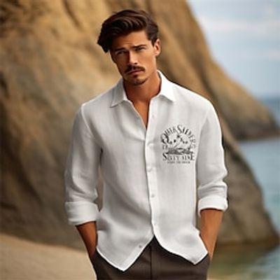 Letter Palm Tree Casual Men's Shirt Linen Shirt Outdoor Daily Vacation Spring   Fall Lapel Long Sleeve Black, White, Green S, M, L Polyester Shirt Lightinthebox