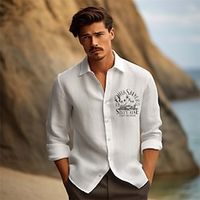 Letter Palm Tree Casual Men's Shirt Linen Shirt Outdoor Daily Vacation Spring   Fall Lapel Long Sleeve Black, White, Green S, M, L Polyester Shirt Lightinthebox - thumbnail