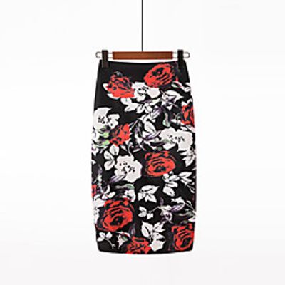 Women's Office / Career Daily Elegant Streetwear Pencil Bodycon Midi Skirts Floral / Botanical Split Print Black / Slim miniinthebox