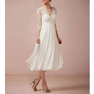 Bridal Shower Little White Dresses Wedding Dresses Tea Length A-Line 34 Length Sleeve V Neck Chiffon With Appliques Solid Color 2023 Bridal Gowns Lightinthebox