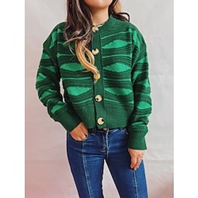 Women's Cardigan Sweater Jumper Chunky Knit Cropped Knitted Abstract Crew Neck Stylish Casual Home Daily Fall Winter Green Pink S M L / Long Sleeve miniinthebox