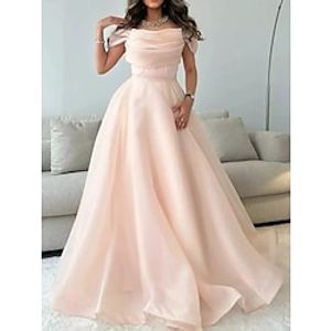 A-Line Evening Gown Elegant Dress Formal Floor Length Short Sleeve Off Shoulder Tulle with Pleats Ruched 2023 Lightinthebox