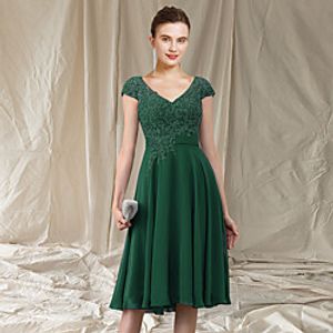 A-Line Mother of the Bride Dress Elegant V Neck Knee Length Chiffon Lace Cap Sleeve with Pleats Appliques 2021 Lightinthebox