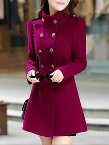 High Neck Double Breasted Pocket Woolen Plain Coat