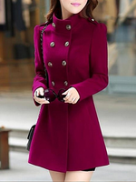 High Neck Double Breasted Pocket Woolen Plain Coat - thumbnail