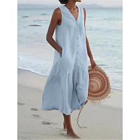 Women's Casual Dress Cotton Linen Dress Tank Dress Midi Dress Linen Cotton Blend Button Pocket Basic Modern Daily Weekend V Neck Sleeveless Summer Spring White Pink Blue Plain Lightinthebox