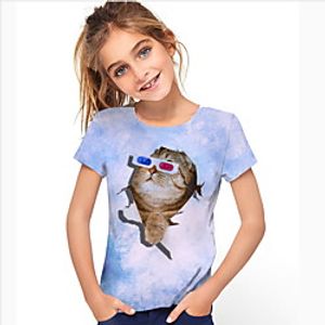 Kids Girls' T shirt Short Sleeve Cat Animal Blue Children Tops Summer Active Daily Wear Regular Fit 4-12 Years Lightinthebox