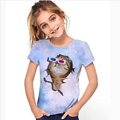 Kids Girls' T shirt Short Sleeve Cat Animal Blue Children Tops Summer Active Daily Wear Regular Fit 4-12 Years Lightinthebox