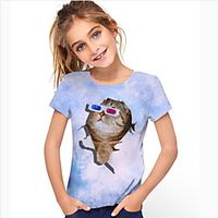 Kids Girls' T shirt Short Sleeve Cat Animal Blue Children Tops Summer Active Daily Wear Regular Fit 4-12 Years Lightinthebox - thumbnail