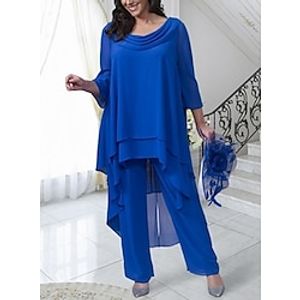 Two Piece Jumpsuit  Pantsuit Mother of the Bride Dress Formal Wedding Guest Elegant Scoop Neck Ankle Length Chiffon 34 Length Sleeve with Ruffles 2023 Lightinthebox