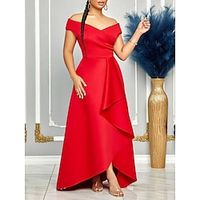 Women's Prom Dress Party Dress Wedding Guest Dress Long Dress Maxi Dress Black White Red Short Sleeve Plain Ruffle Summer Spring Fall V Neck Elegant Wedding Guest Evening Party Vacation S M L XL XXL Lightinthebox - thumbnail