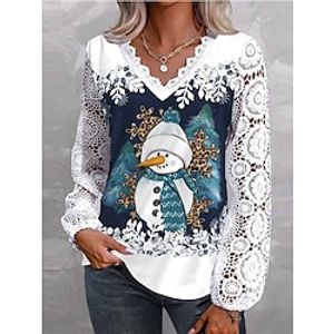 Christmas Shirt Women's T shirt Tee Leopard Snowflake Blue Lace Print Long Sleeve Christmas Weekend Festival  Holiday V Neck Regular Fit Spring   Fall Lightinthebox