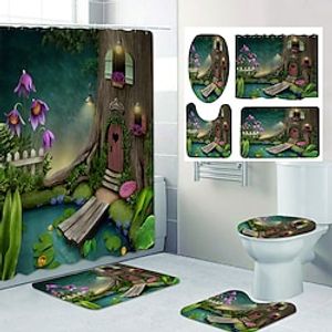 Mushroom 4 Pcs Shower Curtain Set Bathroom Sets Modern Home Bathroom Decor with Bath Mat U Shape and Toilet Lid Cover Mat and 12 Hooks miniinthebox