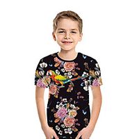 Kids Boys' T shirt Tee Short Sleeve 3D Print Floral Bird Animal Black Children Tops Summer Active Daily Wear Regular Fit 3-12 Years miniinthebox - thumbnail