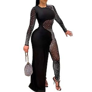 Women's Jumpsuit Beaded Solid Color Round Neck Elegant Party Prom Slim Long Sleeve Blue Wine Beige S M L Winter miniinthebox