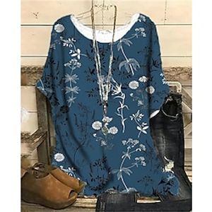 Women's Shirt Blouse Blue Floral Print Short Sleeve Daily Going out Streetwear Crewneck Regular Plus Size Dolman Sleeve XL miniinthebox