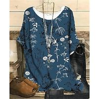 Women's Shirt Blouse Blue Floral Print Short Sleeve Daily Going out Streetwear Crewneck Regular Plus Size Dolman Sleeve XL miniinthebox - thumbnail