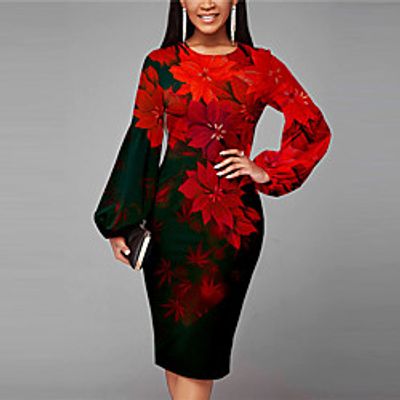 Women's Sheath Dress Knee Length Dress Green White Wine Light Red Red Long Sleeve Floral Print Spring Summer Round Neck Stylish Work Modern 2022 S M L XL XXL 3XL miniinthebox