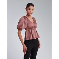 V-Neck Puff Sleeve Peplum Top - thumbnail