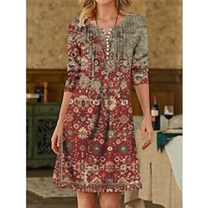 Women's Casual Dress Winter Dress Ethnic Dress Tribal Button Print Crew Neck Mini Dress Vintage Ethnic Outdoor Daily Long Sleeve Regular Fit Wine Blue Green Fall Winter S M L XL 2XL Lightinthebox