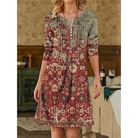 Women's Casual Dress Winter Dress Ethnic Dress Tribal Button Print Crew Neck Mini Dress Vintage Ethnic Outdoor Daily Long Sleeve Regular Fit Wine Blue Green Fall Winter S M L XL 2XL Lightinthebox - thumbnail