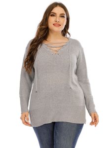 Plus Size V-neck Lace-up Design Long Sleeves Sweater