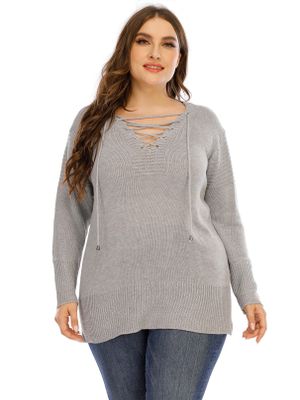 Plus Size V-neck Lace-up Design Long Sleeves Sweater