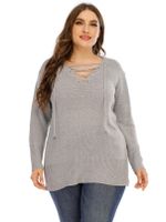 Plus Size V-neck Lace-up Design Long Sleeves Sweater - thumbnail
