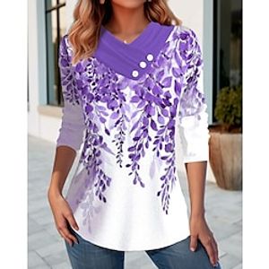 Women's T shirt Tee Blue Purple Green Floral Button Print Long Sleeve Holiday Weekend Fashion V Neck Regular Fit Floral Painting Spring   Fall miniinthebox