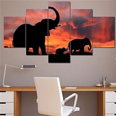 5 Panels Animals Prints Gracious Elephants Modern Wall Art Wall Hanging Gift Home Decoration Rolled Canvas Unframed Unstretched Painting Core miniinthebox