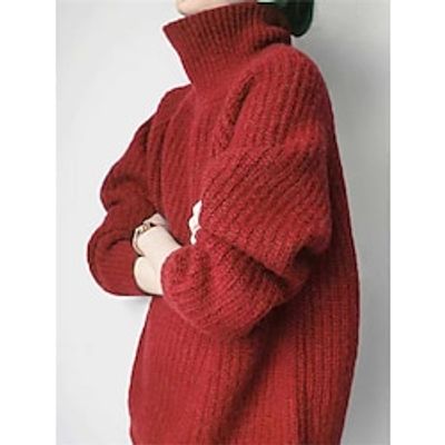 Women's Pullover Sweater Jumper Turtleneck Cable Knit Polyester Knitted Fall Winter Regular Outdoor Daily Going out Fashion Streetwear Casual Long Sleeve Solid Color Yellow Red Royal Blue S M L miniinthebox