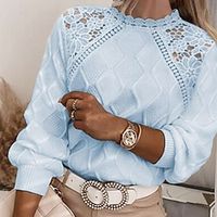 Women's Pullover Sweater jumper Jumper Cable Knit Knitted Lace Trims Pure Color Stand Collar Stylish Casual Outdoor Daily Winter Fall Light Blue White S M L / Long Sleeve / Holiday / Regular Fit miniinthebox - thumbnail