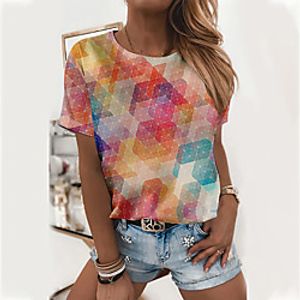 Women's 3D Printed Geometric T shirt Color Block Geometric Print Round Neck Basic Tops Red Lightinthebox
