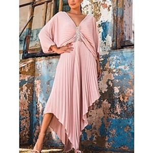 Women's Party Dress Swing Dress Semi Formal Dress Midi Dress Pink 34 Length Sleeve Pure Color Ruched Summer Spring V Neck Party Birthday Vacation Summer Dress S M L XL 2XL 3XL Presale Lightinthebox