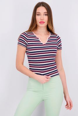 Womens Stripe Split Neck Top Navy Combo Womens Stripe Split Neck Top Navy Combo