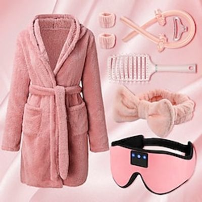 5PCS Adults' Bathrobe Pajamas Comfort Set, With Music Smart Sleep Eye Mask,Face Wash Headband and Wristband Set,Nightwear Solid Color Onesie Pajamas Flannel Women's Dailywear Lightinthebox
