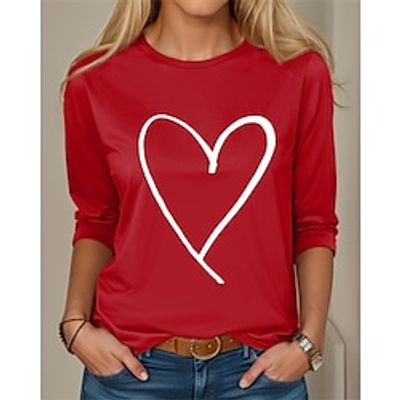 Women's T shirt Tee Heart Black Pink Red Print Long Sleeve Valentine's Day Valentine Weekend Fashion Round Neck Regular Fit Spring   Fall Lightinthebox