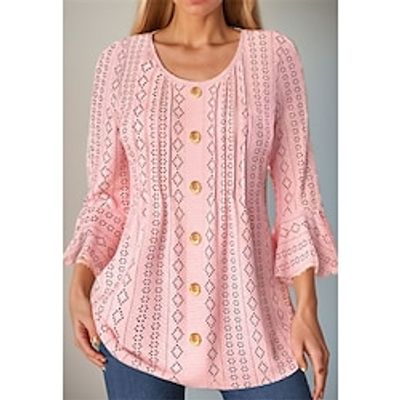 Women's T shirt Tee Pink Geometric Button Long Sleeve Daily Weekend Fashion Round Neck Regular Fit Geometric Painting Spring   Fall miniinthebox