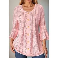 Women's T shirt Tee Pink Geometric Button Long Sleeve Daily Weekend Fashion Round Neck Regular Fit Geometric Painting Spring   Fall miniinthebox - thumbnail