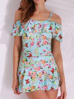 Women Sexy Off Shoulder One Piece Swimwear Floral Printing Dress Swimsuit